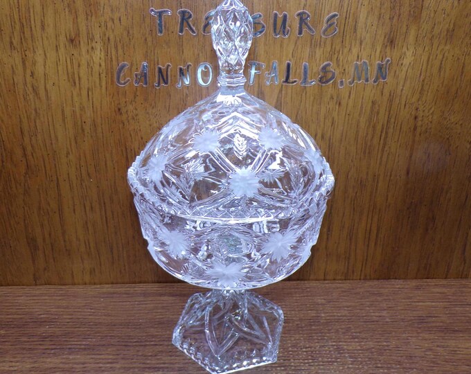 2503 Footed Candy Dish 24% Lead Crystal w/ Steeple lid 11" Tall x 6" Wide Frosted Daisies & Sawtooth Rim - Great Condition