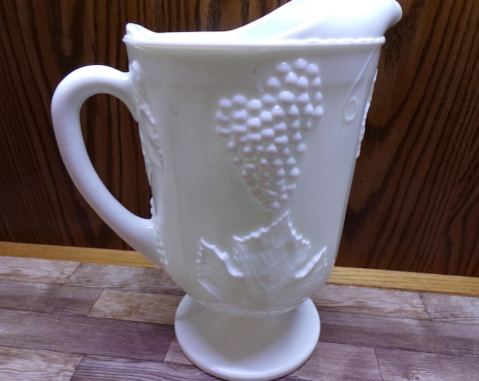 2509 Vintage Indiana Glass Colony 10" Tall Milk Glass Grape & Cable Pitcher w/ Ice Catcher Spout - Good Condition Some Marks No Chips