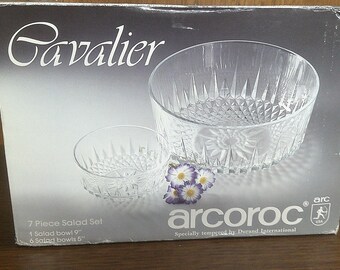 2411 Arcoroc Diamant Cavalier Tempered Glass Vintage 7 pc Bowl Set - (1) 9" & (6) 5" Bowls Made in France- Great Condition in Original Box