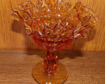 2503 Fenton 6" Amber Thumbprint Ruffled Rim Vintage Pedestal Compote Candy Dish - Great Condition