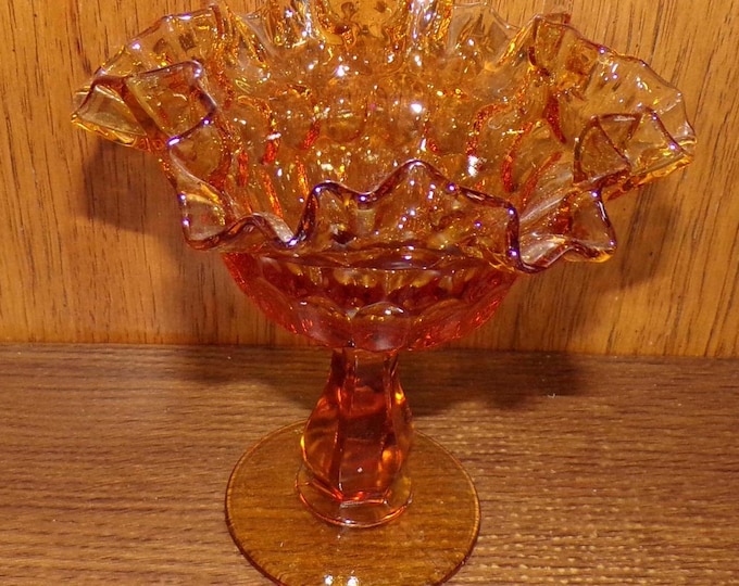 2503 Fenton 6" Amber Thumbprint Ruffled Rim Vintage Pedestal Compote Candy Dish - Great Condition