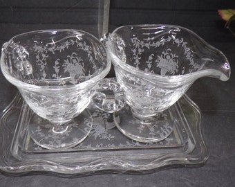 2305 Fostoria Glass Clear Baroque Etched Meadow Rose 3" Vintage Cream Pitcher & Open Sugar Dish w/Tray - Good Condition No Chips or Cracks