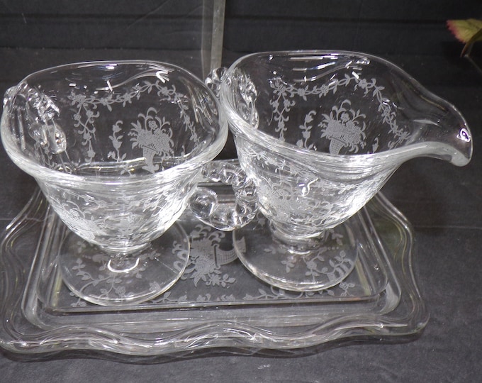2305 Fostoria Glass Clear Baroque Etched Meadow Rose 3" Vintage Cream Pitcher & Open Sugar Dish w/Tray - Good Condition No Chips or Cracks