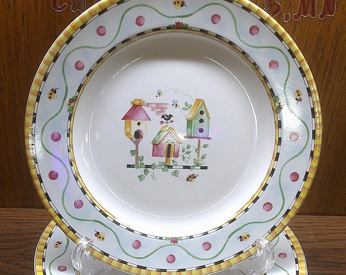 2412 Coventry Stoneware "Penelopes Garden" Birdhouse 8.25" Snack / Dessert Plates Set of 4 - Great Condition