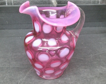 Fenton Cranberry Opalescent Coin Dot Vintage 5" Creamer Pitcher with Clear Applied Handle - Excellent Condition