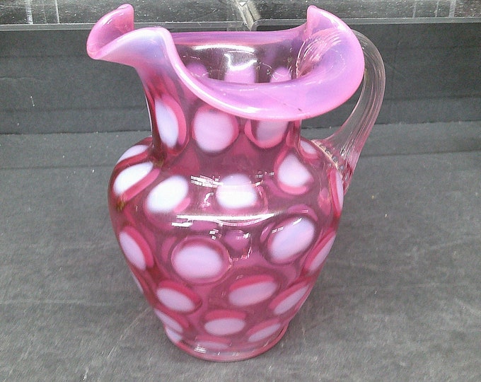 2404 Fenton Cranberry Opalescent Coin Dot Vintage 5" Creamer Pitcher with Clear Applied Handle - Excellent Condition