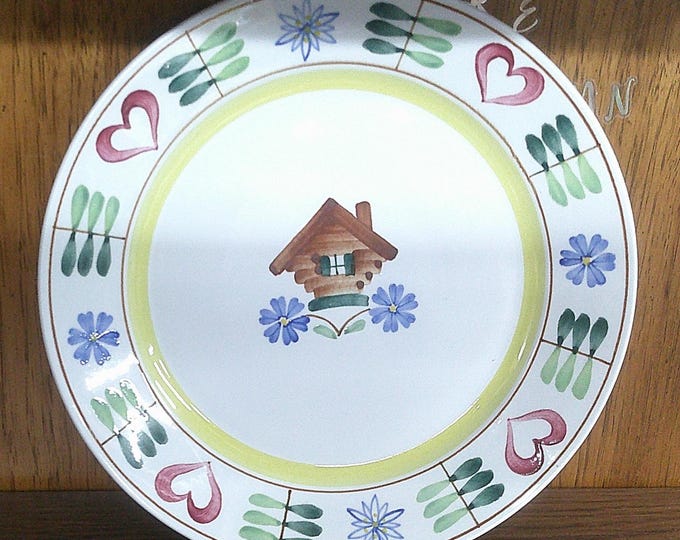 2411 Pirtti Arabia Hand-painted 10.25" Dinner Plate from Finland- Cabin, Hearts & Flowers - Excellent Condition