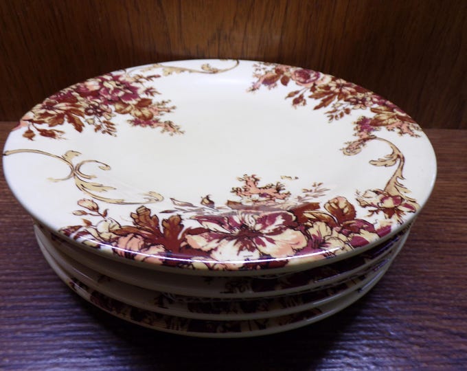 2507 Country Living Vintage 9" Lunch / Snack Plates Set of 4 Antique Brown Orange Floral on Cream - Pre-owned Great Condition
