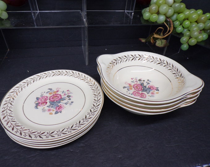 2309 Taylor Smith USA #3473 Vintage Set of 8- (4) 6.5" Bread Plates & (4) 6" Double Handle Dessert Bowls Floral w/ Gilded Gold- Good Cond.