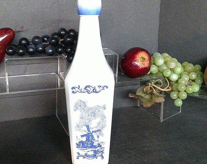 2401 Vandermint White Glass Blue Windmill Liquor Bottle/Decanter with Screw on Cap / Stopper Vintage 1970's - Holland - Good Condition
