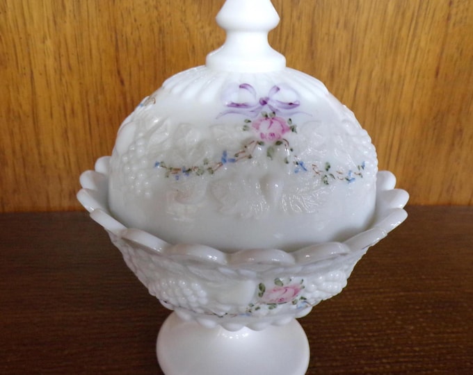 2506 Westmoreland Milk Glass 5.5" x 7" Footed Covered Grape and Leaf Scalloped Rim Candy Dish w/ Hand-painted Roses & Bows - Great Condition