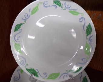 2506 Corelle Spearmint 10.25" Dinner Plates Set of 3 Green Leaves & Blue Swirls - Great Condition