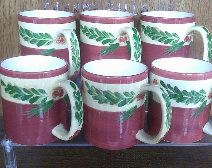 2502 Gail Pittman Pottery Christmas Memories Southern Living 4" 12 oz Hand painted Vintage Sienna Coffee Mugs Set of 6 - Great Condition