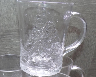 2608 Arcoroc Luminarc Holly Tree 4" Clear Christmas Holiday Mugs Vintage Set of 4