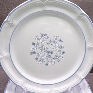 May include: A round white ceramic dinner plate featuring a central floral pattern in blue and grey. The plate has a scalloped rim edge accented with a thin blue line, and a smooth, glossy finish. The design consists of small flowers and leaves.