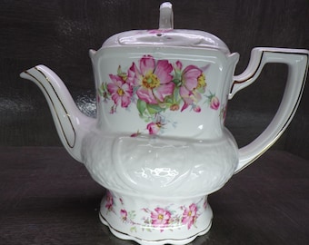 2602 Crown Dorset Staffordshire England Vintage 7" Teapot - Embossed Trellis with Pink Floral Motif & Gold Accents - Great Condition
