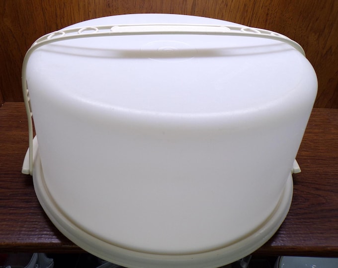 2502 Tupperware 13" Almond Vintage Cupcake, Cake, Pie Keeper Carrier & Handle with 6" Frosted Cover- Great Condition 1256-3, 1257-3, 1258-6