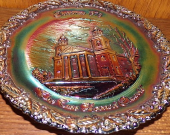 2503 Fenton 8" Iridescent Amethyst Carnival Glass Vintage Plate - Christmas in America #3 The Two Horned Church 1972 - Great Condition