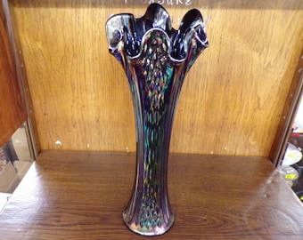 2501 Fenton Vintage Iridescent Amethyst Carnival Glass 15.5" Diamond Point & Ribbed Swung Vase w/Stamp - Great Tones Great Condition