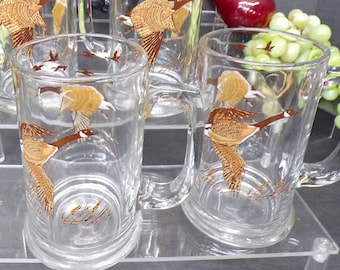 2307 Libbey Glass Outdoor Life Vintage 5.5" Glass Mugs with Handle Set of 4 - Canada Goose (Honker) - Great Condition No Chips or Cracks