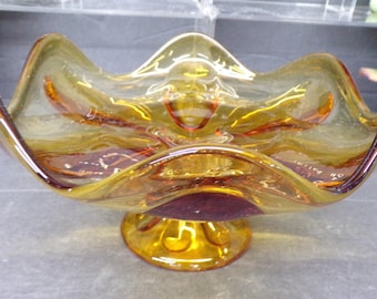 2305 Viking Glass 7" Footed 6 Petal Amber Vintage Pedestal Compote Candy Dish - Great Condition No Chips or Cracks