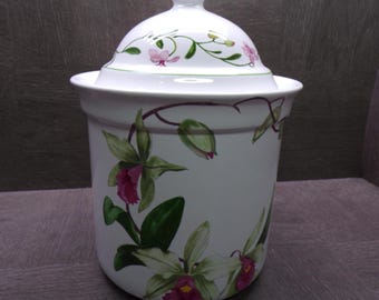 2609 Porta Orchids Raul Da Bernarda 9" Canister with Lid Vintage by Barbara Wilson Small Chip on Rim Otherwise Great