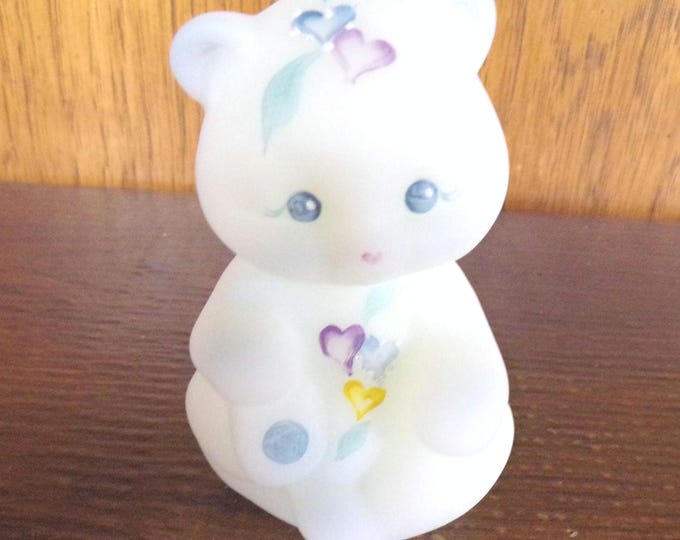 2501 Fenton Glass 4" Hand-Painted Vintage White Satin Sitting Bear w/ Colored Hearts Signed C. Dailey Fenton Sticker - Great Condition
