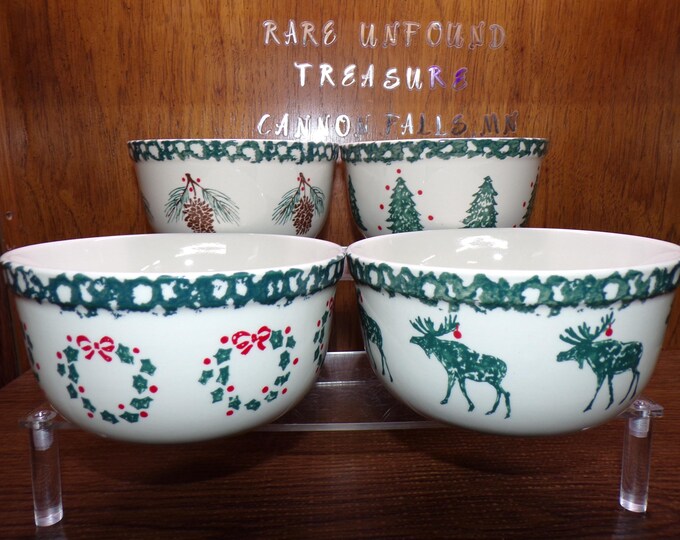 2506 Folk Craft Holiday Pines Green Sponge Vintage 5.75" Wide x 3" Deep Soup Bowl Set of 4 by Tienshan - Great Condition