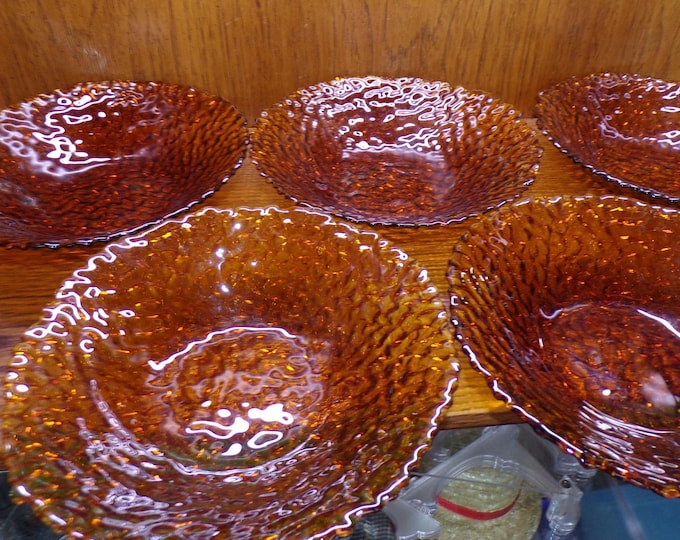 2506 Vintage Artland Dapple Dark Amber Pebbled Glass 8.5" Bowl Set of 5 - Good Condition