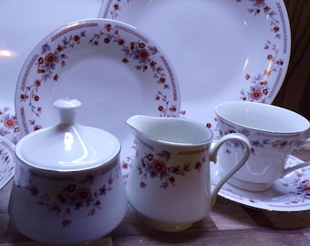 2511 Dynasty Fine China #1007 Copenhagen Dinnerware Beautiful Pink & Blue Floral w/ Silver Rim - Good Cond. Light Scratches