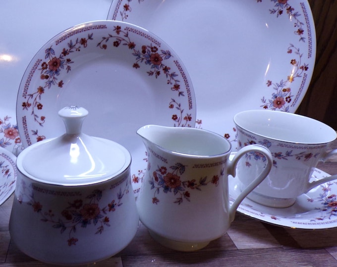 2511 Dynasty Fine China #1007 Copenhagen Dinnerware Beautiful Pink & Blue Floral w/ Silver Rim - Good Cond. Light Scratches