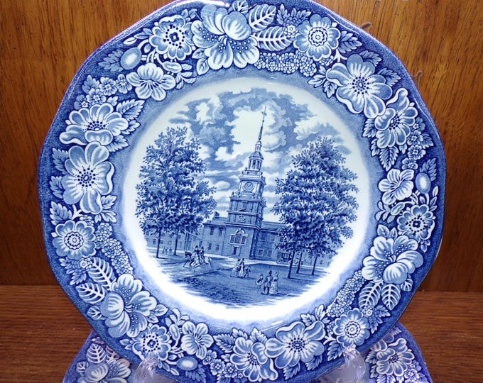 2506 Staffordshire Ironstone Liberty Blue Independence Hall 10" Dinner Plates Set of 4 Made in England - Great Condition