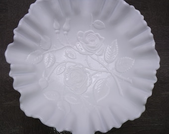 2604 Beautiful 1960's Vintage 9" Imperial Glass Milk Glass Open Rose Footed Ruffled Double Crimp Rim Bowl