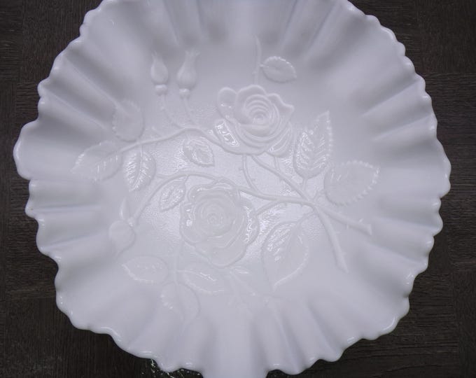 2604 Beautiful 1960's Vintage 9" Imperial Glass Milk Glass Open Rose Footed Ruffled Double Crimp Rim Bowl