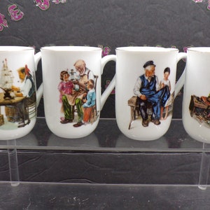 2301 Norman Rockwell Museum 4&quot; Vintage Porcelain Gold Rim Coffee Mugs Set of 4 - Toy Maker, Good Boy, Cobbler, Lighthouse - Great Condition