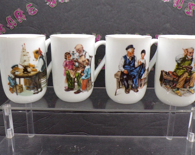 2301 Norman Rockwell Museum 4" Vintage Porcelain Gold Rim Coffee Mugs Set of 4 - Like New - Toy Maker, Good Boy, Cobbler, Lighthouse
