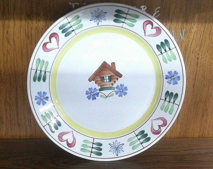 2411 Pirtti Arabia Hand-painted 10.25" Dinner Plate from Finland- Cabin, Hearts & Flowers - Excellent Condition