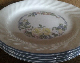2412 Corelle Orchard Rose 7.25" Swirl Salad, Snack, Dessert Plates Blue Rim Set of 5