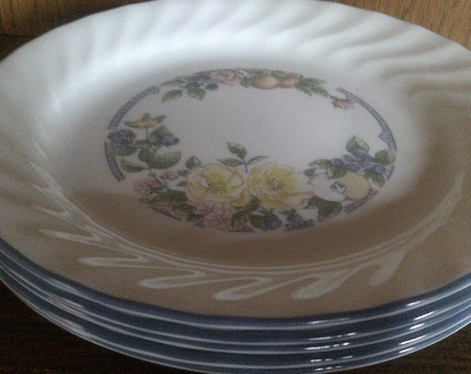 2412 Corelle Orchard Rose 7.25" Swirl Salad, Snack, Dessert Plates Blue Rim Set of 5 - Great Condition