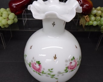 2305 Milk Glass Vase with Hand-Painted Pink Flowers Beautiful Vintage 10" - Good Condition No Chips or Cracks