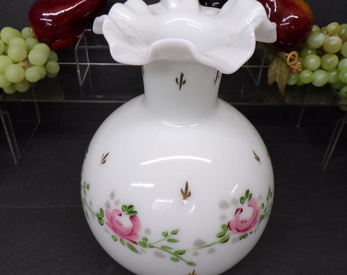 2305 Milk Glass Vase with Hand-Painted Pink Flowers Beautiful Vintage 10" - Good Condition No Chips or Cracks