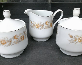 2403 Carlton Rosealyn #520 Vintage Cream Pitcher & Pair of Covered Sugar Bowls