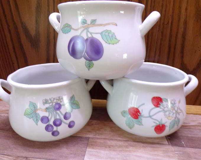 2510 Vintage Ceramic Stoneware 16 oz Double Handle Soup Bowls Fruit Pattern Set of 3 - Great Condition