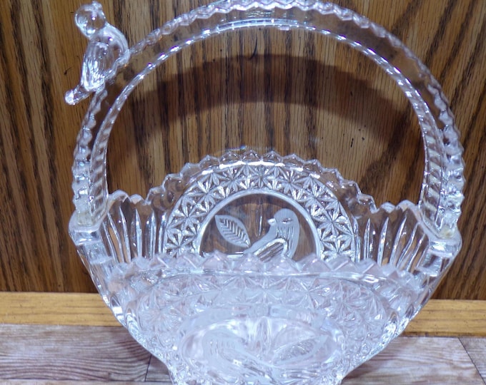 2508 Hofbauer Germany Byrdes Beautiful 24% Lead Crystal Vintage Basket with Handle 6" Wide x 7" Tall Etched Birds Pattern -Great Condition
