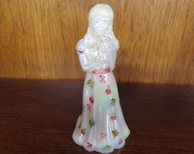 2501 Fenton Glass Iridescent White Doll Little Sister Figurine w/ Hand Painted Cherries & Leaves by N. Beck and Shelley Fenton - Great Cond.