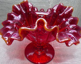 2608 LG Wright Fenton Ruby Red Beaded Pedestal Compote Candy Dish 5" Tall x 6" Wide