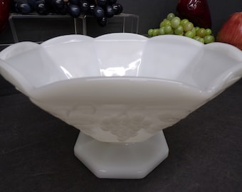 2311 Anchor Hocking White Milk Glass Footed Grape & Cable 9" Vintage Octagon Panel Compote Bowl