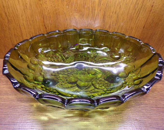 2506 Indiana Glass Footed 8" x 12" Green Glass Embossed Fruit Oval Fruit Vintage Bowl w/ Scalloped Rim - Great Condition