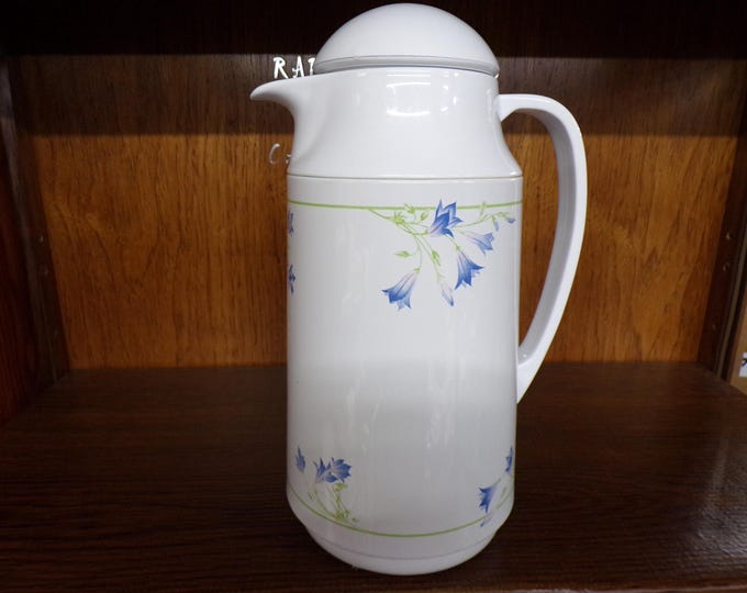2506 Corning Thernique 1 qt. Insulated Thermal Carafe Coffee Pitcher Beverage Server Vintage 11" Tall w/ Lid - Purple Floral- Good Condition