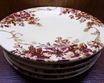 2507 Country Living Vintage 9" Lunch / Snack Plates Set of 4 Antique Brown Orange Floral on Cream - Pre-owned Great Condition